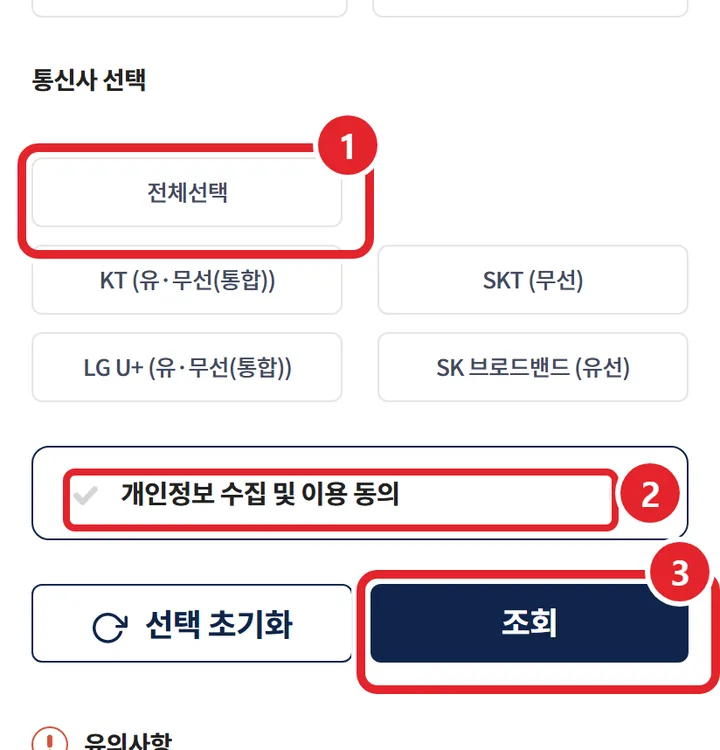 3번 실제 화면: 통신사를 고르고 개인정보 수집 및 이용 동의 뒤 조회를 눌러요